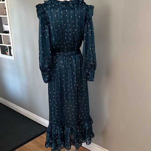 Misa Los Angeles Gabriella Asymmetric Striped Wrap Midi-Dress sheer long sleeve - Picture 11 of 14